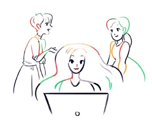 Illustration of three girl geeks gathered around a laptop