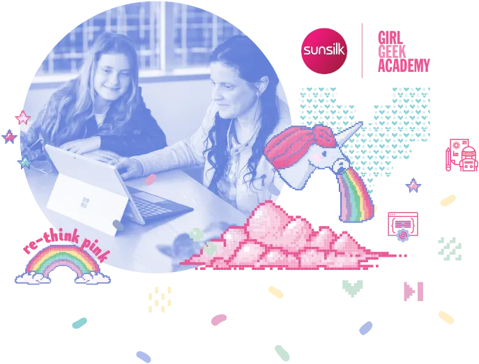Illustrated mum and daughter at a laptop with a rainbow unicorn — Rethink Pink