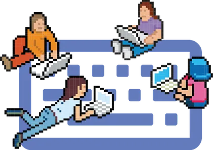 Pixel-art girl geeks coding around a giant keyboard